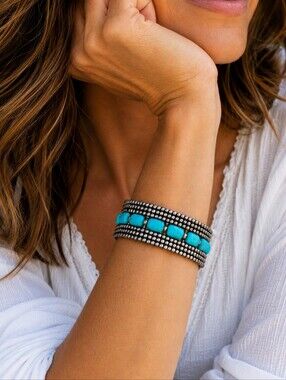 Silver Tone Turquoise Beaded Cuff Bracelet Boho Western Southwestern Statement
